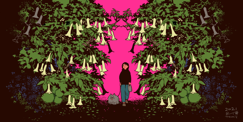 1girl, absurdres, black_hair, black_shirt, blue_flower, blue_pants, brown_footwear, dog