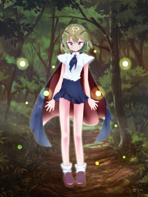 1girl, antennae, bangs, black_cape, black_neckwear, black_skirt, breasts, brown_footwear