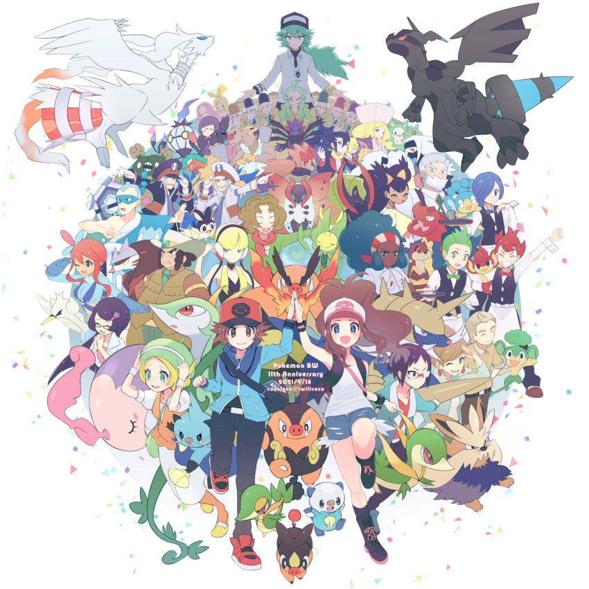 6+boys, 6+girls, :d, alder_(pokemon), anniversary, anthea_(pokemon), archeops, arm_up