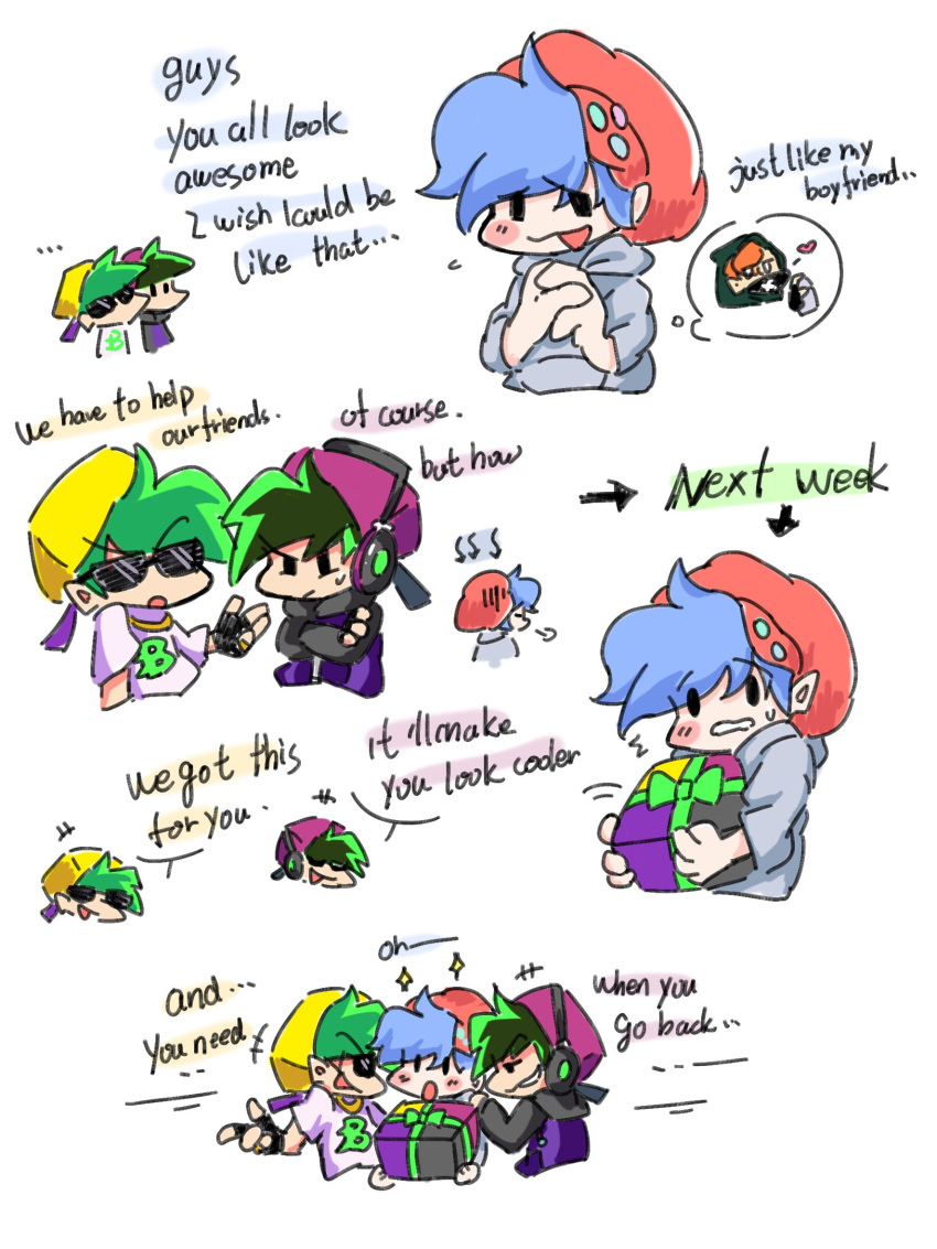 ..., 3boys, alternate_universe, angus_1027_(angus72150442), arrow_(symbol), blue_hair, blush, boyfriend_(friday_night_funkin')