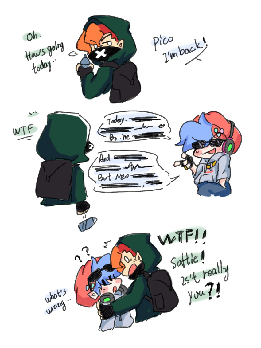 !?, 2boys, ?, alternate_universe, angus_1027_(angus72150442), bandana, bandana_over_mouth, black_bandana, blue_hair, blush, boyfriend_(friday_night_funkin'), comic, dropping, english_commentary, english_text, eye_contact, friday_night_funkin', friday_night_funkin'_b3_remixed, friday_night_funkin'_neo, friday_night_funkin'_soft, gold_chain, green_hoodie, hand_in_pocket, hands_on_another's_shoulders, hashtag_commentary, headphones, headphones_around_neck, holding, hood, hood_up, hoodie, orange_hair, pico_(pico's_school), simple_background, smile, spray_can, sunglasses, surprised, white_background, white_eyes