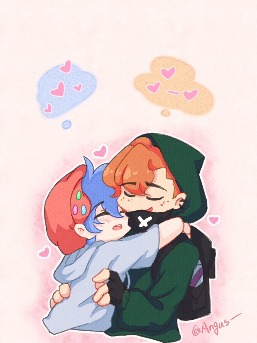 2boys, alternate_universe, angus_1027_(angus72150442), backpack, blue_hair, blush, boyfriend_(friday_night_funkin'), english_commentary, eyes_closed, freckles, friday_night_funkin', friday_night_funkin'_soft, hashtag_commentary, heart, hood, hood_up, hoodie, hug, open_mouth, orange_hair, pico_(pico's_school), pink_background, simple_background, smile, texture, yaoi
