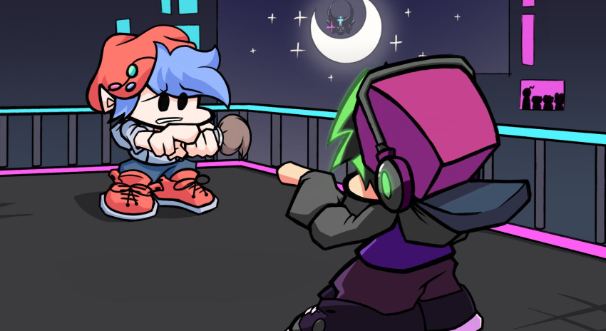 2boys, alternate_universe, black_eyes, blue_hair, boyfriend_(friday_night_funkin'), building, dual_persona, friday_night_funkin'