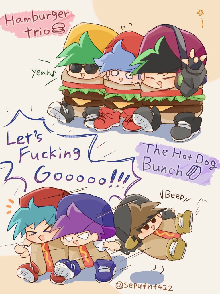 6+boys, alternate_universe, black_hair, blue_hair, boyfriend_(friday_night_funkin'), brown_hair, costume, dual_persona