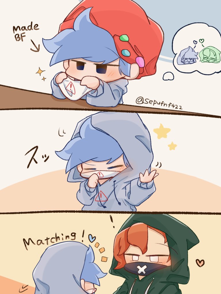 !, 2boys, 3koma, alternate_universe, bandana, bandana_over_mouth, black_bandana, blue_eyes, blue_hair, blush, boyfriend_(friday_night_funkin'), child, comic, commentary, duo, english_text, friday_night_funkin', friday_night_funkin'_soft, green_hoodie, happy, heart, hood, hood_up, hoodie, orange_hair, pico_(pico's_school), sepufnf422, short_hair, white_bandana, white_eyes, white_hoodie, younger