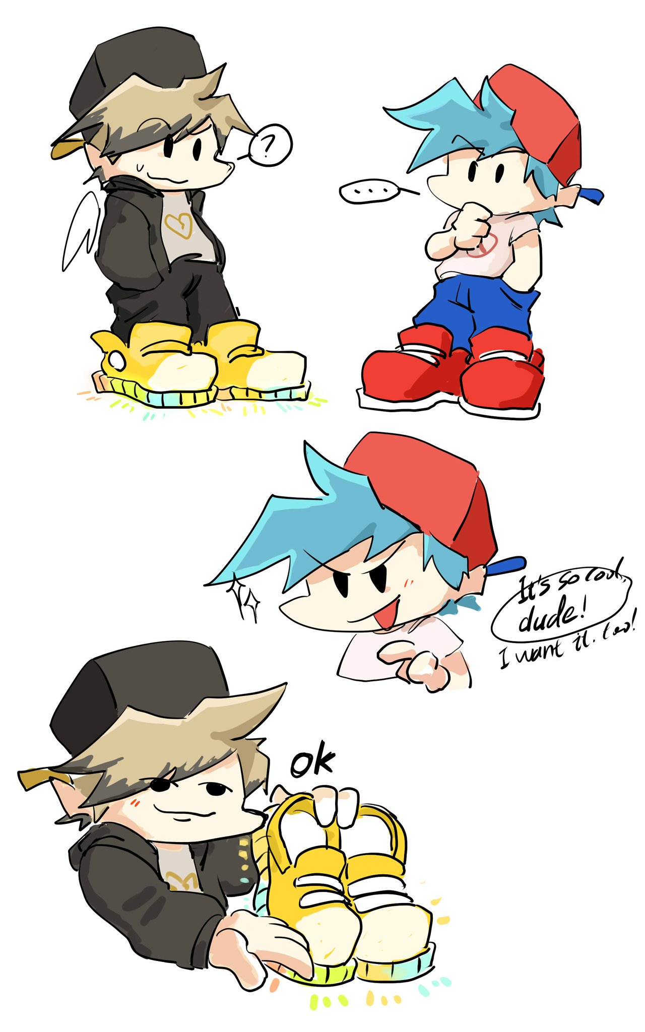 ..., 2boys, 3koma, ?, alternate_universe, black_eyes, blue_hair, boyfriend_(friday_night_funkin')