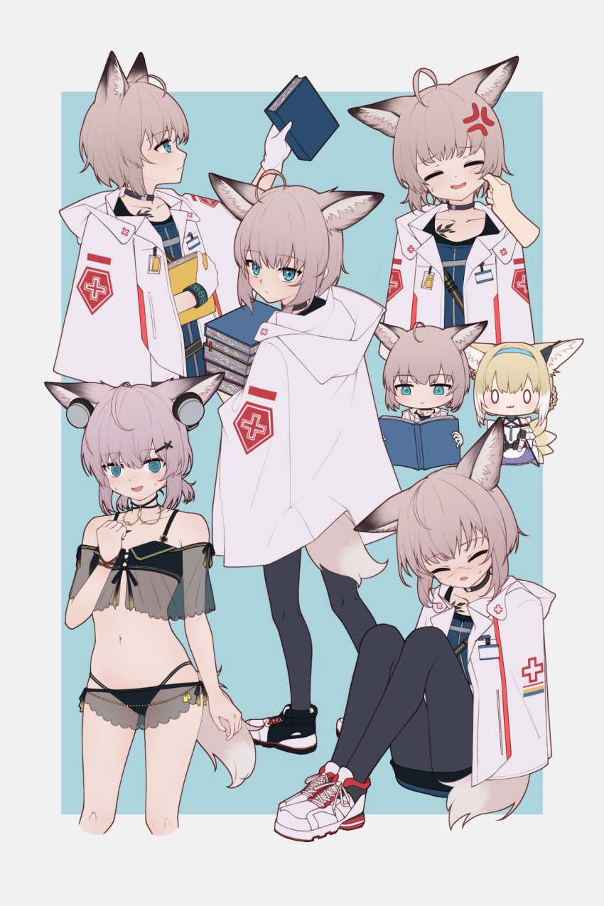 0_0, 0w0, 2girls, :3, @_@, ahoge, anger_vein, animal_ears, arknights, bikini, black_bikini, black_choker, black_legwear, blonde_hair, blue_background, blue_eyes, blue_hairband, blue_shirt, book, book_stack, border, brown_hair, cheek_pinching, chibi, chibi_inset, chinese_commentary, choker, closed_eyes, coat, coat_on_shoulders, collarbone, commentary_request, eyebrows_visible_through_hair, fox_ears, fox_girl, fox_tail, gloves, hair_ornament, hairband, highres, holding, holding_book, kitsune, kyuubi, lxjun_09, multicolored_hair, multiple_girls, multiple_tails, navel, official_alternate_costume, open_book, open_clothes, open_coat, open_mouth, original, outside_border, pantyhose, pinching, profile, shirt, short_hair, simple_background, stomach, streaked_hair, sussurro_(arknights), sussurro_(summer_flowers)_(arknights), suzuran_(arknights), sweat, swimsuit, tail, white_border, white_coat, white_gloves, white_hair, x_hair_ornament