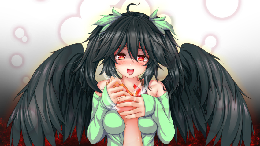 1girl, 1other, alternate_costume, alternate_hairstyle, bangs, between_breasts, bird_wings, black_hair