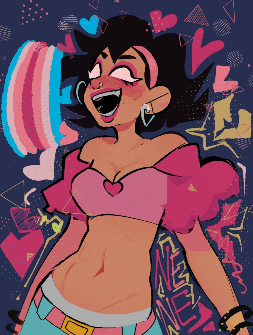 1girl, black_hair, breasts, cleavage, cobacoux, empty_eyes, heart, midriff, navel, nene_(pico's_school), pants, pico's_school, solo, transgender_flag