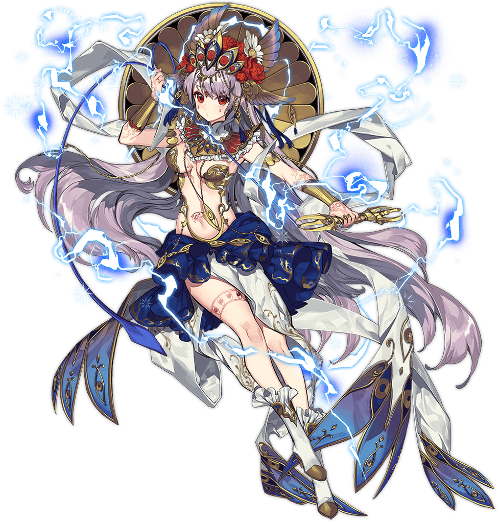 1girl, ark_order, arm_tattoo, armlet, artist_request, bangs, blue_skirt, boots, bracelet, breasts, breasts_apart, chain, electricity, eye_print, facial_tattoo, flower, frilled_footwear, full_body, gold, gold_chain, gold_trim, grey_hair, hair_flower, hair_ornament, head_wings, headpiece, holding, holding_weapon, indra_(ark_order), jewelry, leg_tattoo, long_hair, navel, necklace, official_art, pelvic_curtain, red_eyes, red_footwear, skirt, solo, stomach_tattoo, tachi-e, tattoo, transparent_background, very_long_hair, weapon, white_footwear