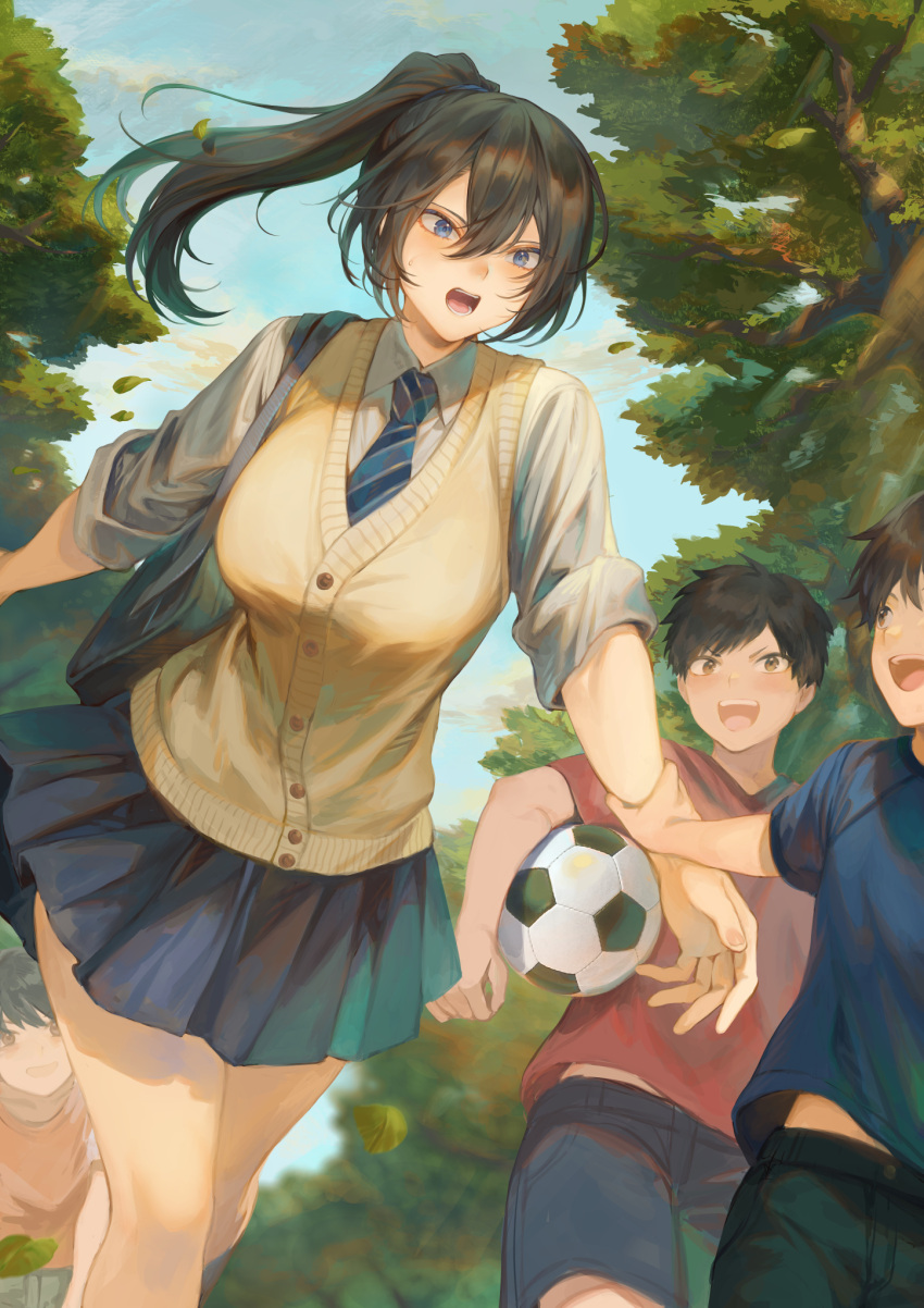 1girl, 3boys, bag, ball, black_hair, blue_eyes, blue_shirt, blush