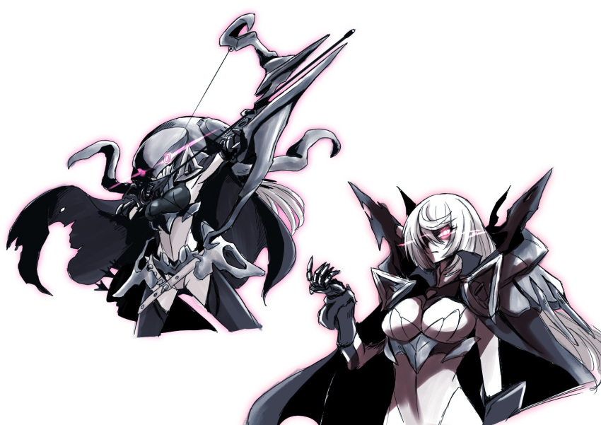 1girl, abyssal_ship, bangs, black_cape, bow_(weapon), breasts, cape, colored_skin, european_armored_aircraft_carrier_princess, gauntlets, glowing, glowing_eyes, hair_between_eyes, helmet, highres, holding, holding_bow_(weapon), holding_weapon, kantai_collection, large_breasts, leotard, long_hair, multiple_views, pale_skin, simple_background, sketch, suke_(share_koube), tentacles, weapon, white_background, white_hair, white_skin