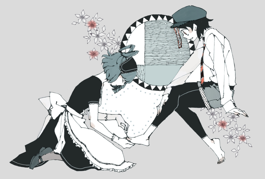 2girls, alternate_costume, apron, asahi_(uwa), barefoot, black_dress, black_hair, blue_headwear