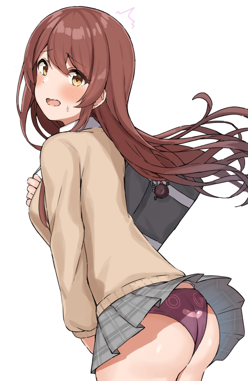 1girl, absurdres, ass, bag_charm, blush, breasts, brown_hair, charm_(object), clothes_lift, commentary, cowboy_shot, debi_tarou, dot_nose, embarrassed, eyebrows_visible_through_hair, floating_hair, from_side, grey_skirt, hand_up, highres, idolmaster, idolmaster_shiny_colors, long_sleeves, looking_at_viewer, miniskirt, oosaki_tenka, open_mouth, panties, plaid, plaid_skirt, pleated_skirt, raised_eyebrows, shiny, shiny_hair, shiny_skin, simple_background, skirt, skirt_lift, solo, surprised, sweatdrop, underwear, upper_teeth, wanimaru, wavy_mouth, white_background, wind, wind_lift