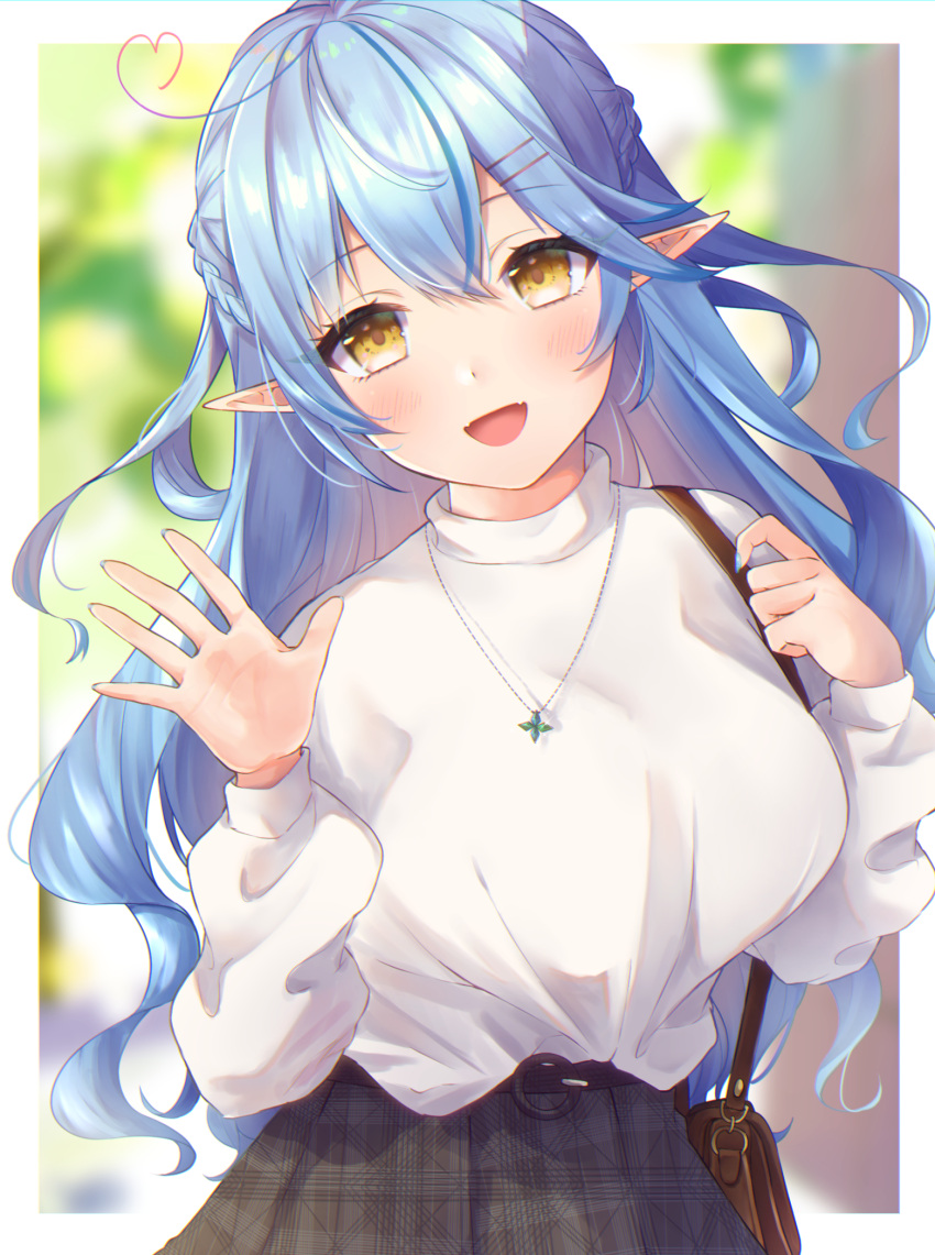 1girl, ahoge, bag, bangs, belt, black_skirt, blue_hair, blue_nails