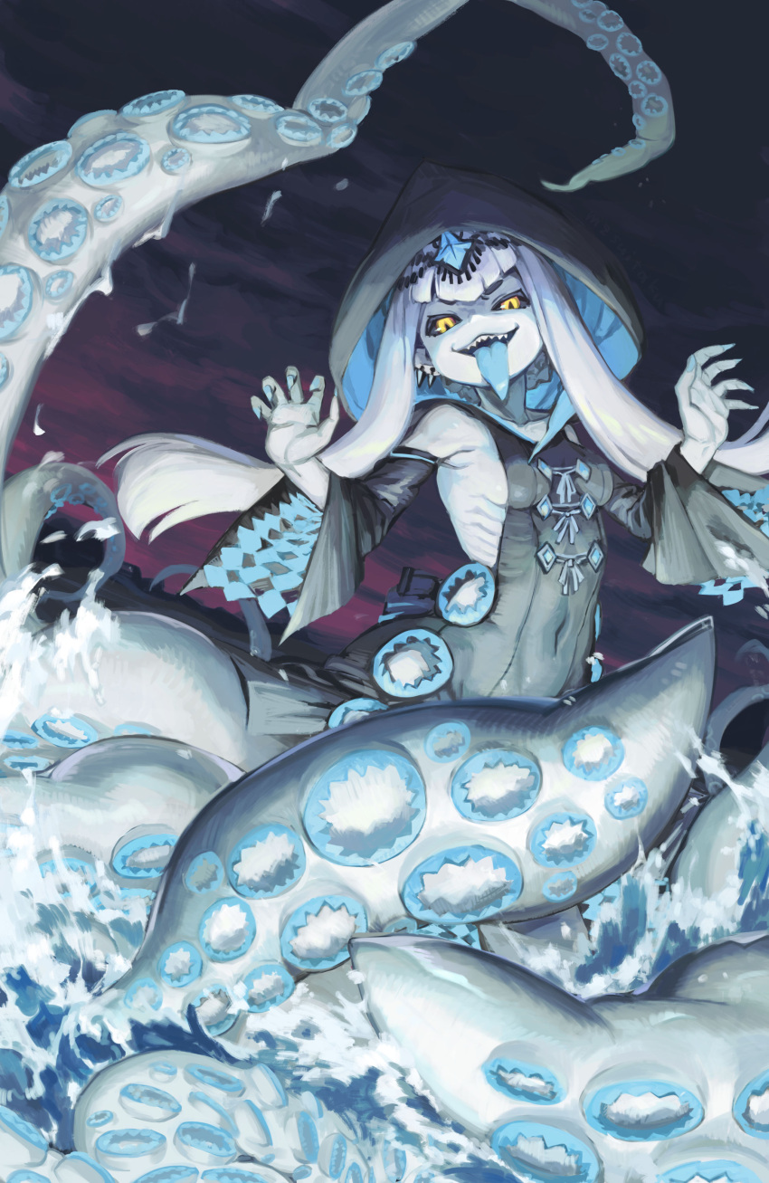 >:), 1girl, absurdres, bangs, black_clothes, black_sclera, blue_nails, blue_tongue, blunt_bangs, breasts, clouds, cloudy_sky, colored_sclera, colored_tongue, covered_navel, earrings, fingernails, from_below, gills, hair_ornament, hand_up, highres, hood, hoodie, jewelry, kyo_mizusawa, long_hair, monster_girl, ocean, open_mouth, original, sharp_fingernails, sharp_teeth, sideboob, sky, slit_pupils, small_breasts, solo, squid, squid_girl, teeth, tentacles, tongue, tongue_out, v-shaped_eyebrows, water, white_hair, yellow_eyes
