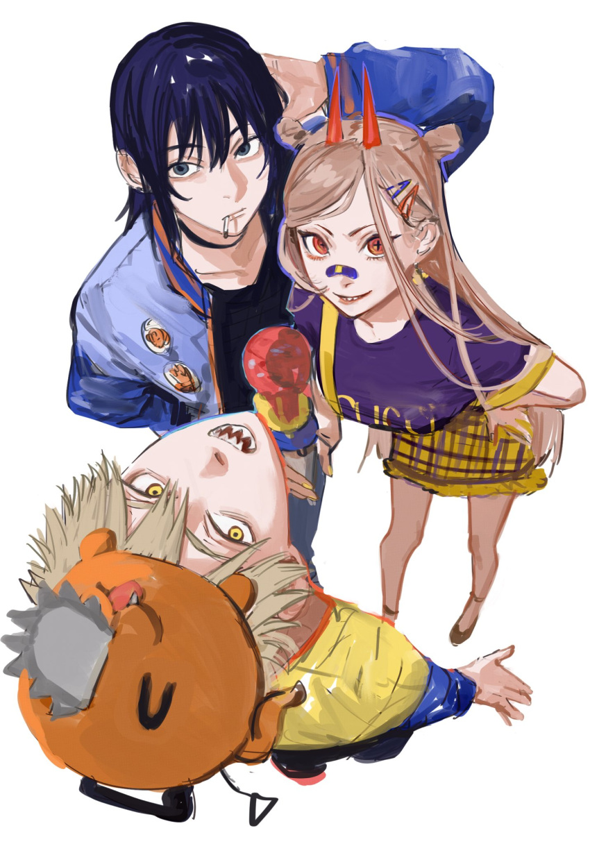 +_+, 1girl, 2boys, animal_on_head, bandaid, bandaid_on_nose, bangs, black_hair