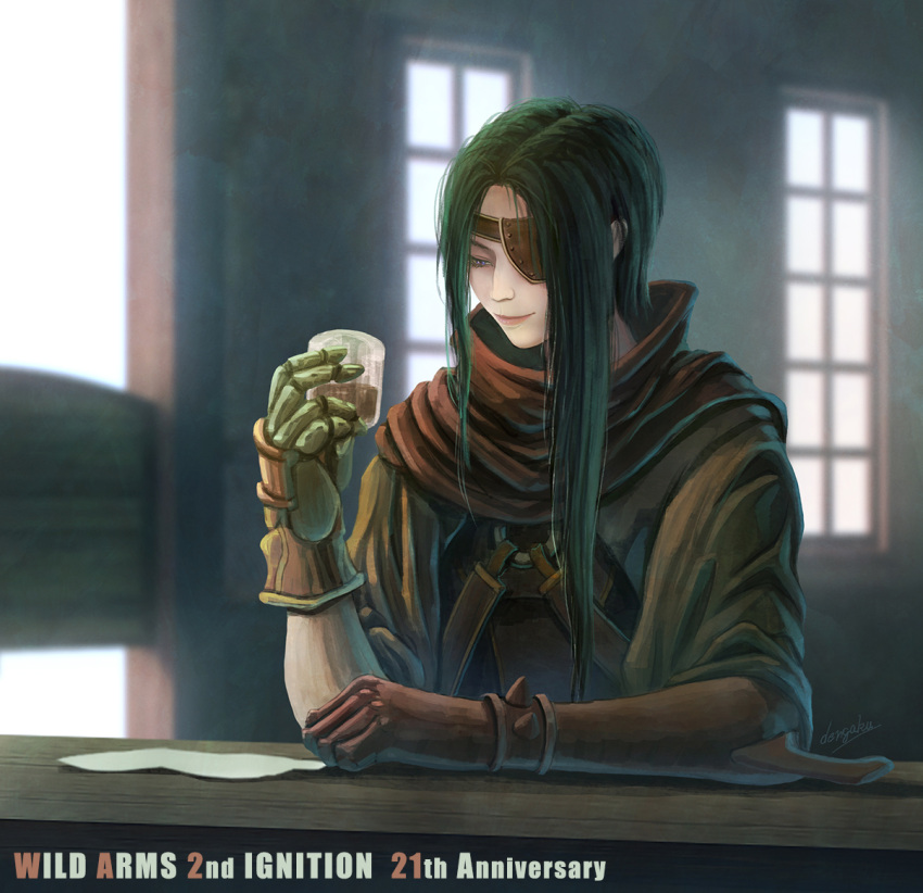 1girl, black_hair, cape, den_dengaku, eyepatch, gloves, kanon_(wild_arms_2), long_hair