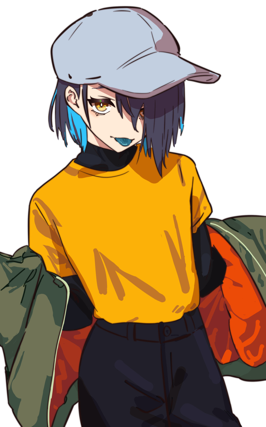 1girl, absurdres, arknights, asbestos_(arknights), baseball_cap, binware, black_hair, blue_eyes, blue_hair, blue_tongue, colored_inner_hair, colored_tongue, commentary, flat_chest, hair_over_one_eye, hat, highres, jacket, looking_at_viewer, multicolored_hair, no_eyepatch, open_clothes, open_jacket, shadow, shirt, short_hair, solo, tongue, tongue_out, white_background, yellow_shirt