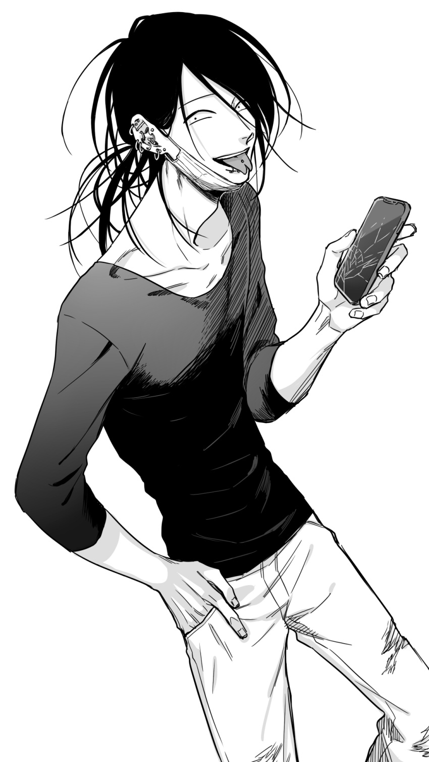 1boy, adam's_apple, black_hair, black_shirt, cellphone, crack, ear_piercing, earrings, forked_tongue, greyscale, hand_in_pocket, highres, holding, holding_phone, jewelry, kikaku_hanbee, kuze_takeshi, long_hair, looking_at_viewer, male_focus, mask, mask_removed, monochrome, pants, phone, piercing, shirt, solo, standing, tongue, tongue_out, tongue_piercing, uramichi_onii-san