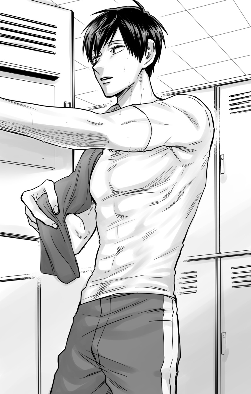 1boy, abs, absurdres, black_hair, greyscale, highres, indoors, kuze_takeshi