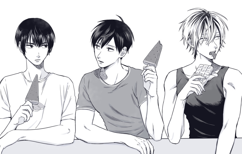 3boys, black_hair, eating, elbows_on_table, food, highres, holding, holding_food