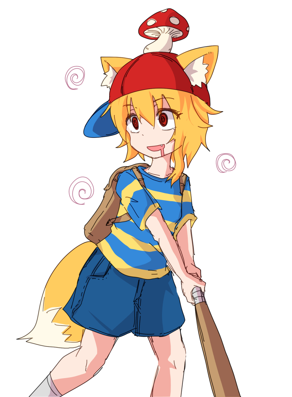 1girl, @_@, animal_ears, asymmetrical_hair, backpack, bag, bangs, baseball_bat