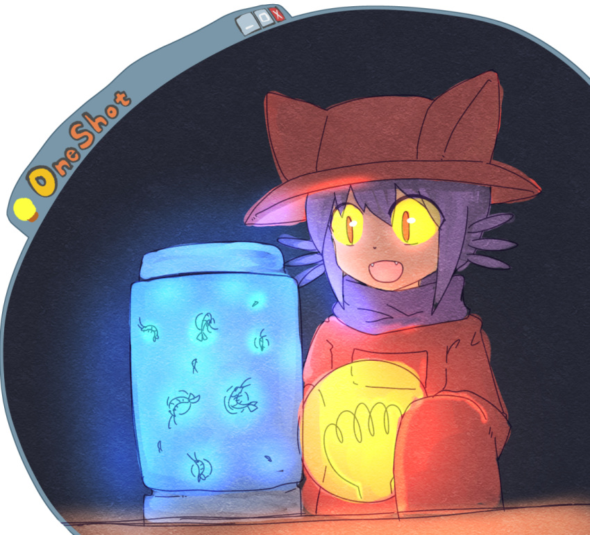 1other, androgynous, animal_hat, bangs, cat_hat, colored_sclera, commentary_request, fangs
