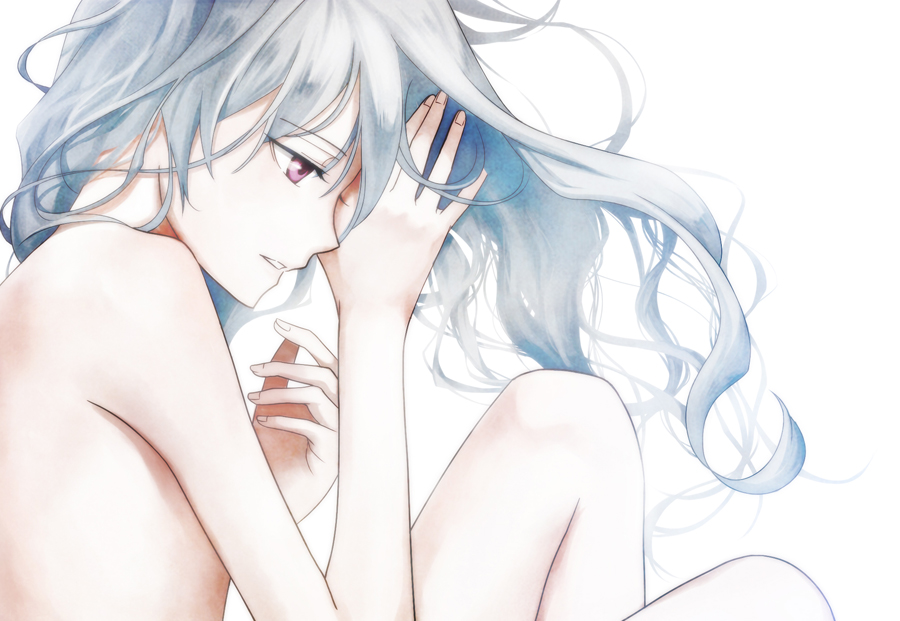 darker_than_black, fetal_position, flat_chest, long_hair, lying, nude, on_side, purple_eyes