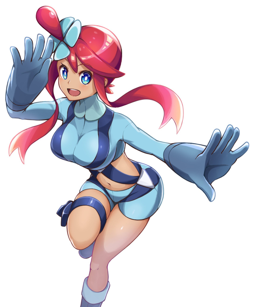 1girl, :d, bangs, blue_eyes, blue_footwear, blue_gloves, blue_jacket, blue_shorts