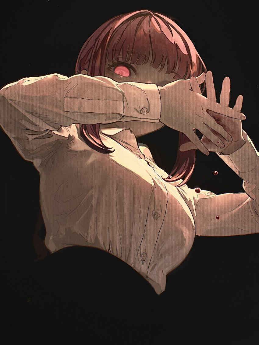 1girl, bangs, black_background, blood, blood_drip, blood_on_hands, blunt_bangs, buttons