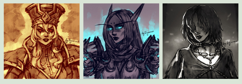 3girls, black_hair, blood_elf, covered_eyes, death_knight_(warcraft), demon's_souls, glowing, glowing_eyes
