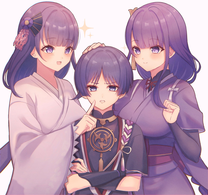 1boy, 2girls, aunt_and_nephew, blush, bridal_gauntlets, clenched_hand, crossed_arms, eyebrows_visible_through_hair