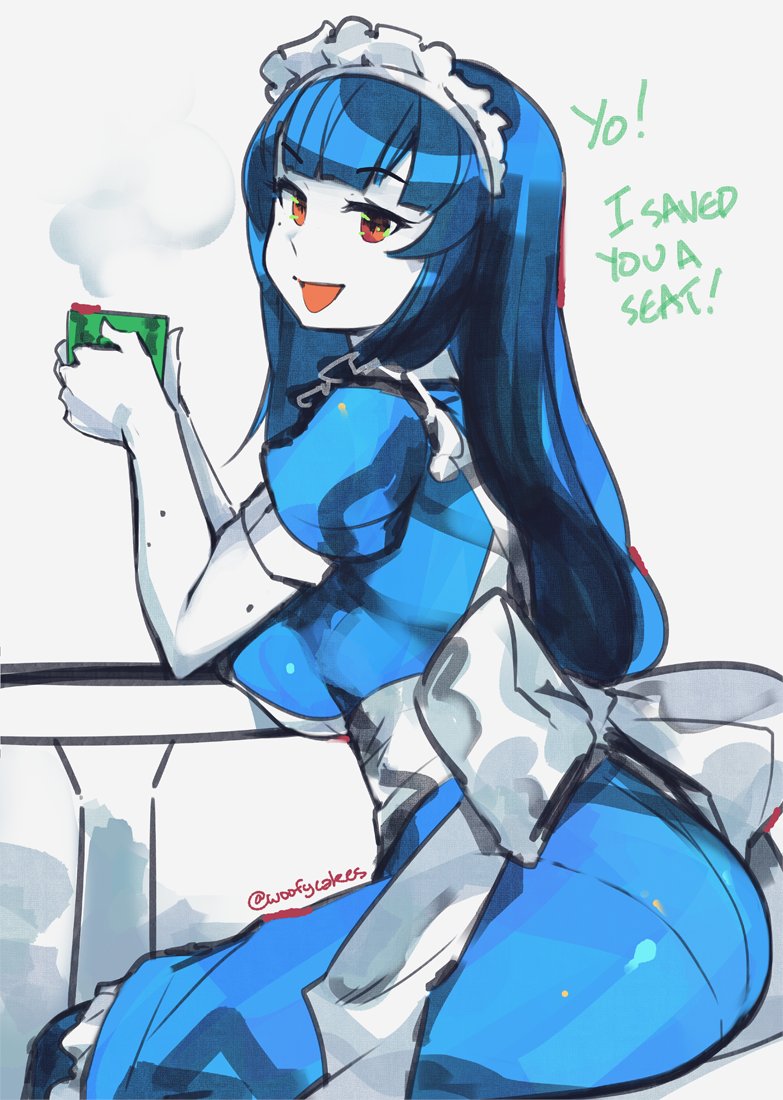 1girl, :d, ass, bangs, black_hair, blunt_bangs, breast_press, breasts, brown_eyes, commentary, cup, english_text, eyebrows_visible_through_hair, holding, holding_cup, large_breasts, limited_palette, long_hair, looking_at_viewer, madeline_(woofycakes), maid, maid_headdress, mug, open_mouth, original, short_hair, simple_background, sitting, smile, solo, steam, table, twitter_username, watermark, white_background, woofycakes