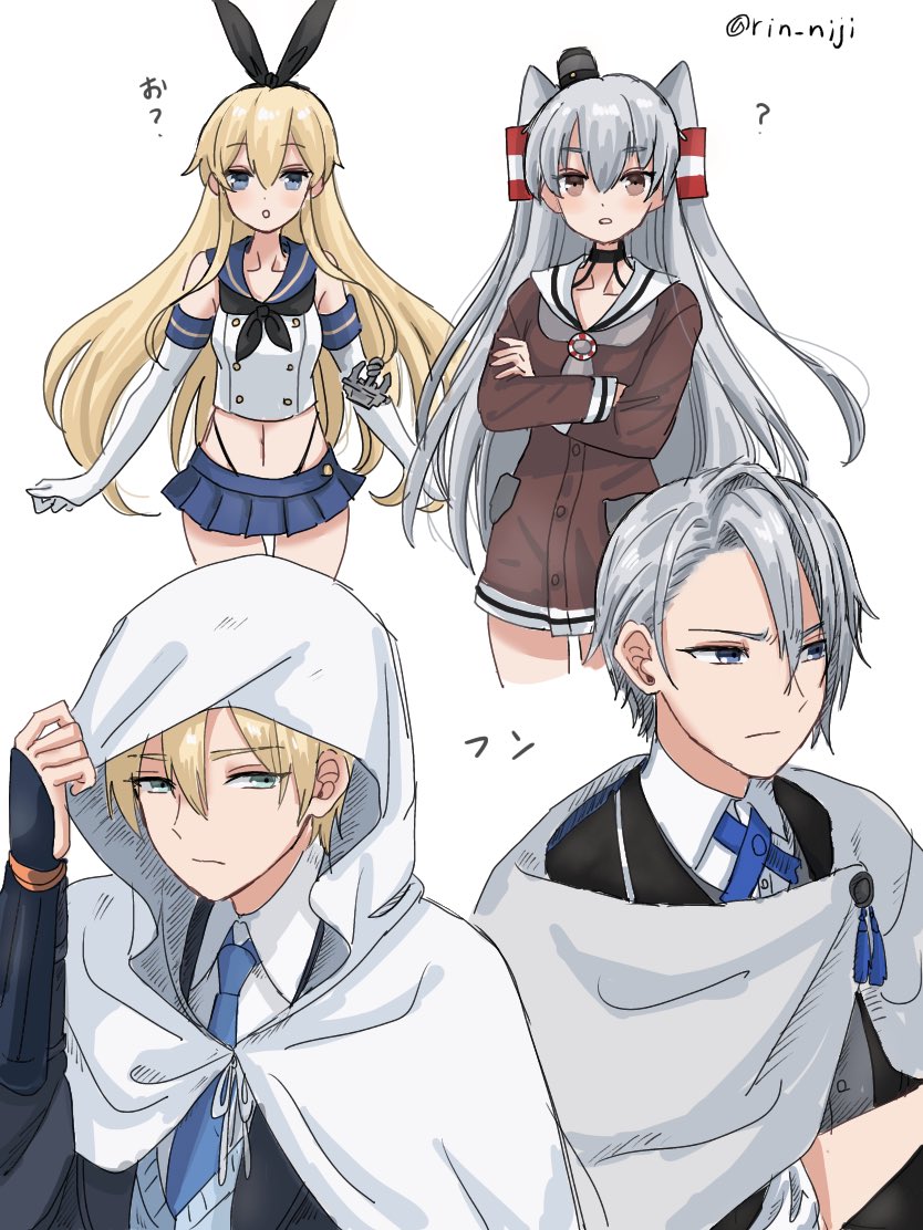 2boys, 2girls, ?, amatsukaze_(kancolle), anchor_hair_ornament, bangs, black_jacket, black_neckwear