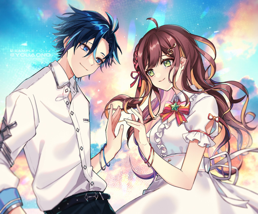 1boy, 1girl, aononchi, belt, black_belt, black_pants, blue_eyes, blue_hair, bow, breasts, brown_hair, collared_shirt, dark_blue_hair, dress, frills, green_eyes, highres, indie_virtual_youtuber, issei_kai, light_blue_hair, long_hair, looking_at_viewer, medium_breasts, miori_celesta, multicolored_hair, pants, red_bow, sample, shirt, shirt_tucked_in, smile, streaked_hair, tearing_up, treble_clef_hair_ornament, tsunderia, virtual_youtuber, watermark, white_dress, white_shirt