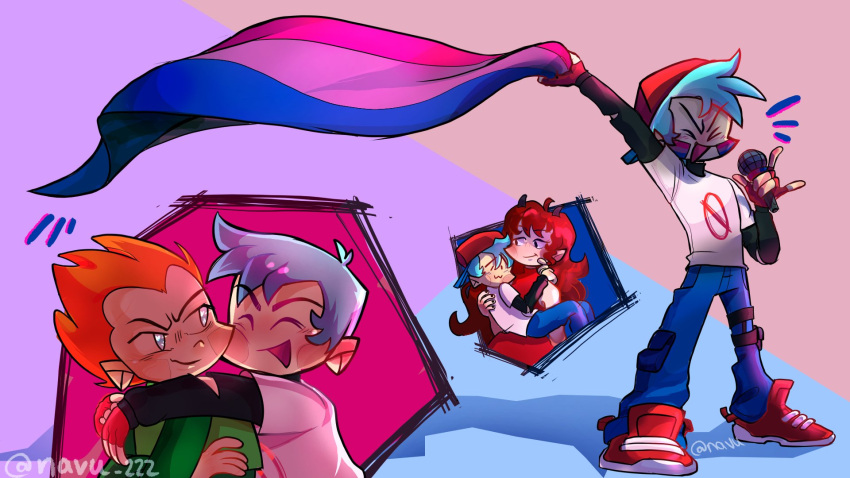 1girl, 2boys, bisexual_flag, blue_hair, blush, boyfriend_(friday_night_funkin'), cheek-to-cheek, dress