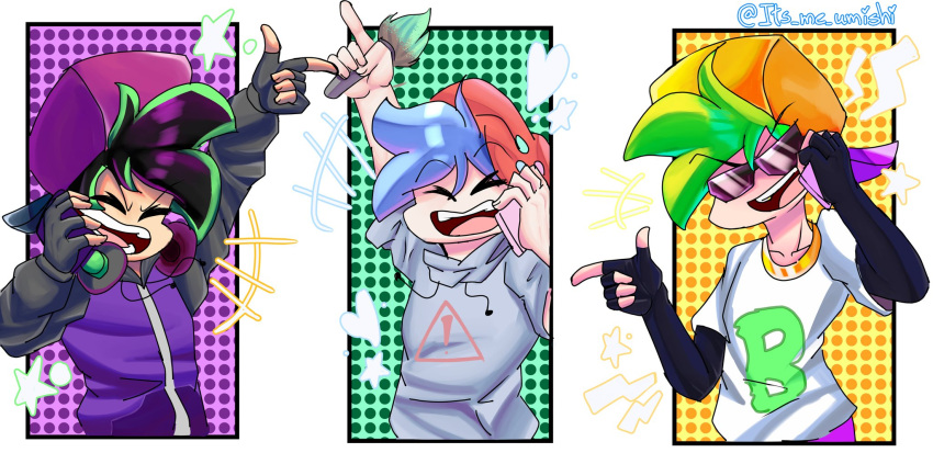 3boys, alternate_universe, black_hair, blue_hair, boyfriend_(friday_night_funkin'), cellphone, closed_eyes, english_commentary