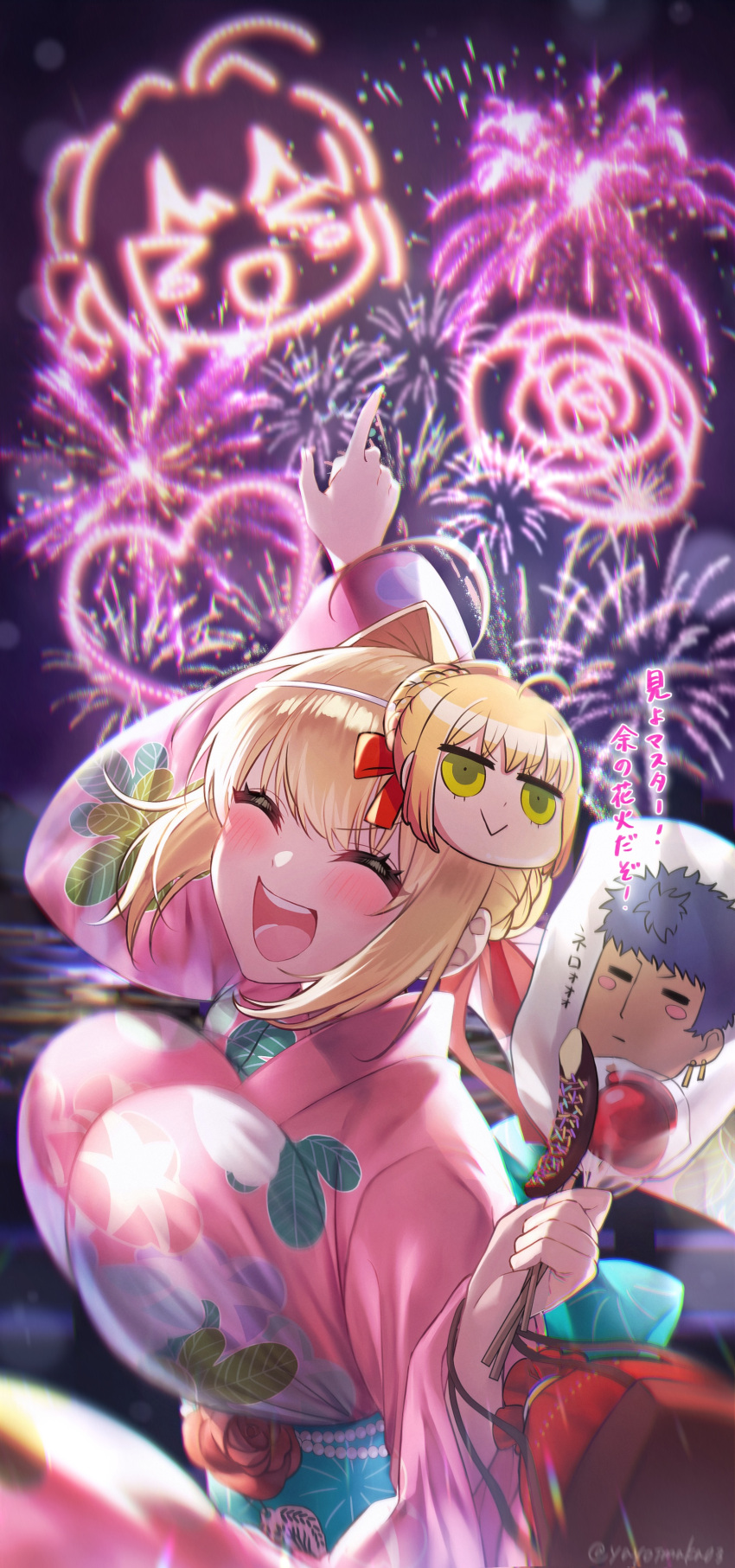 1girl, :d, absurdres, ahoge, blonde_hair, bouncing_breasts, braid, braided_bun