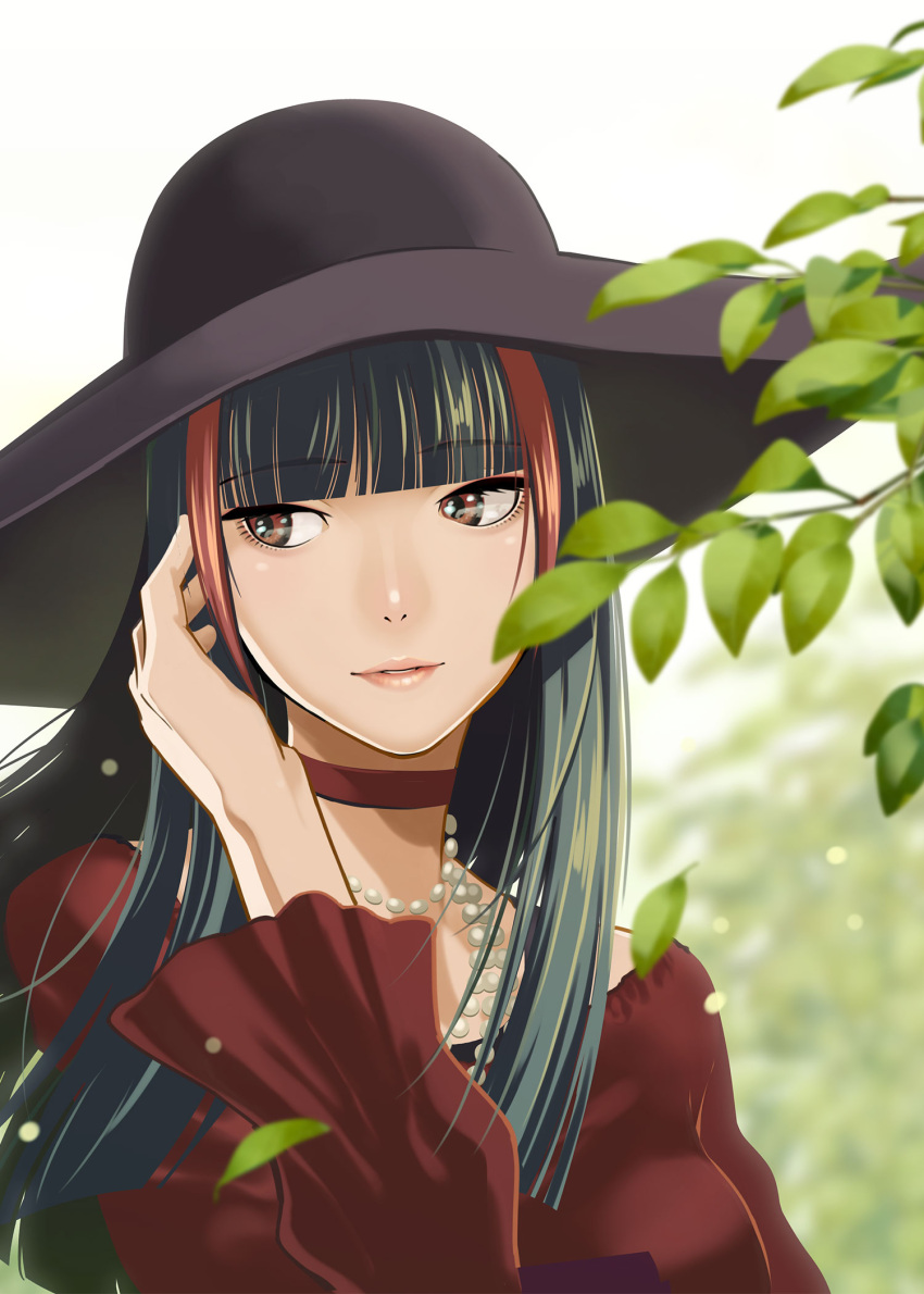 1girl, black_hair, blurry, blurry_background, choker, crimson_(vtuber), eyebrows_visible_through_hair, hat