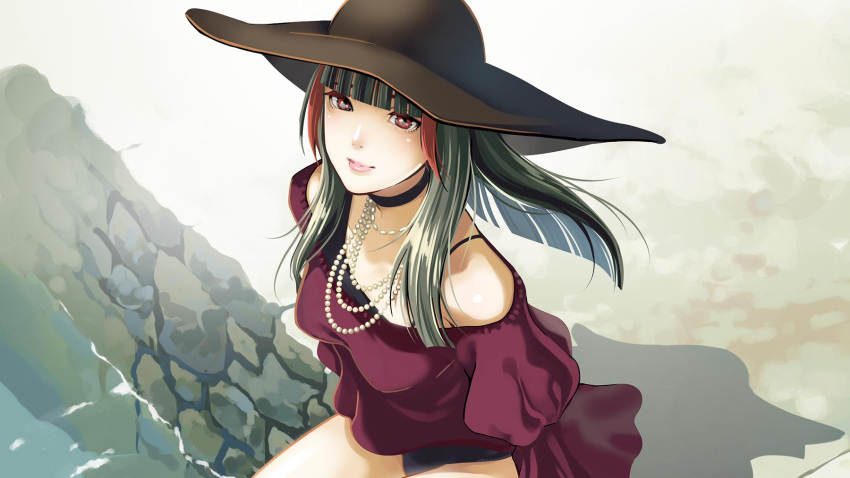 1girl, bangs, bare_shoulders, black_choker, black_hair, blunt_bangs, brown_headwear, choker