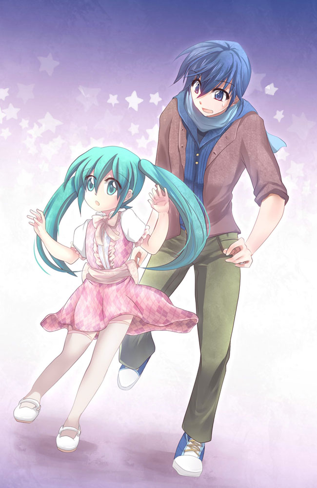 aqua_hair, blue_eyes, blue_hair, bow, dress, hatsune_miku, kaito, long_hair