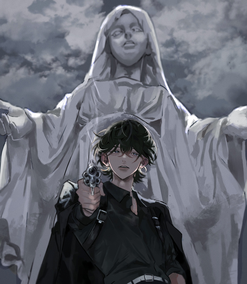 1boy, absurdres, belt, black_hair, black_shirt, clouds, cloudy_sky, earrings, gun, highres, holding, holding_gun, holding_weapon, jewelry, looking_at_viewer, original, pafujojo, parted_lips, revolver, shirt, short_hair, sky, solo, statue, upper_body, weapon