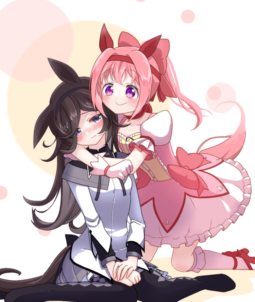 2girls, akemi_homura, akemi_homura_(cosplay), animal_ears, black_hair, blush, bow, cosplay, flower_in_eye, gloves, hair_bow, hair_over_one_eye, hair_ribbon, hairband, haru_urara_(umamusume), highres, horse_ears, horse_girl, kaname_madoka, kaname_madoka_(cosplay), kuroda_keeshi, long_hair, magical_girl, mahou_shoujo_madoka_magica, multiple_girls, pantyhose, pink_eyes, pink_hair, ribbon, rice_shower_(umamusume), short_hair, skirt, smile, symbol_in_eye, twintails, umamusume, violet_eyes