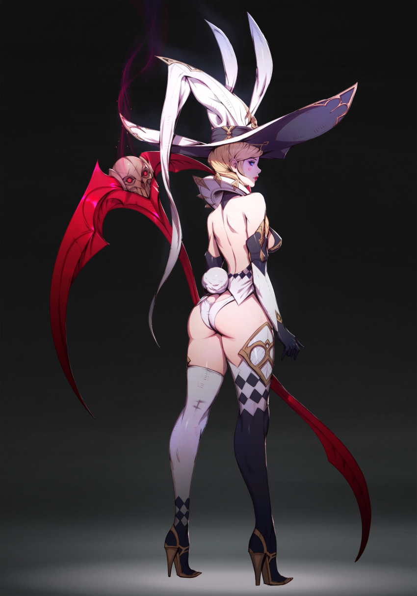 1girl, absurdres, animal_ears, ass, asymmetrical_legwear, banned_artist, blonde_hair, blue_eyes