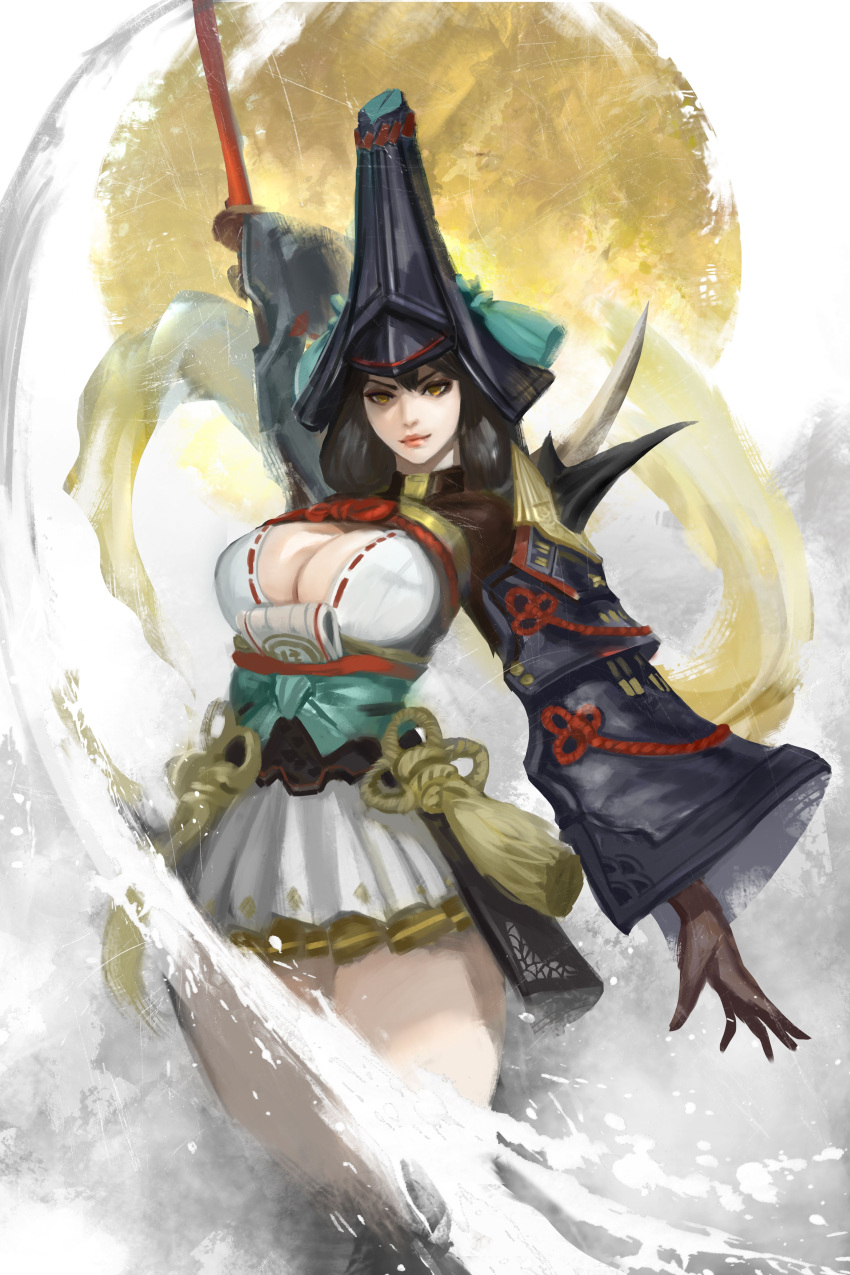 1girl, absurdres, alternate_costume, armor, black_hair, black_headwear, breasts, cglas