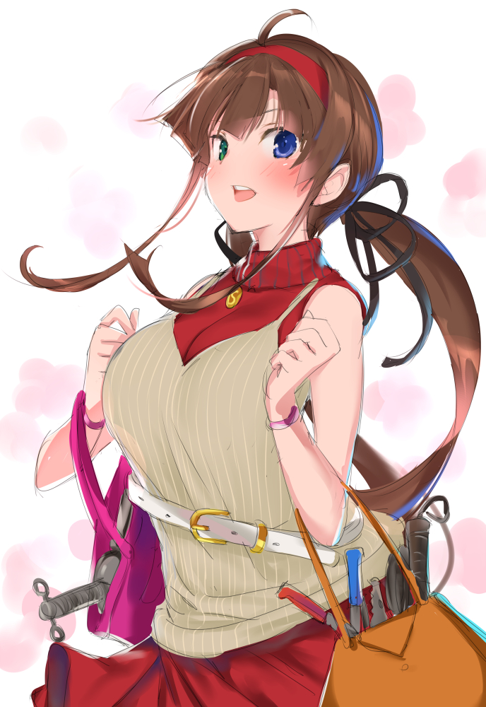 1girl, ahoge, bag, bangs, black_ribbon, blue_eyes, blush, breasts
