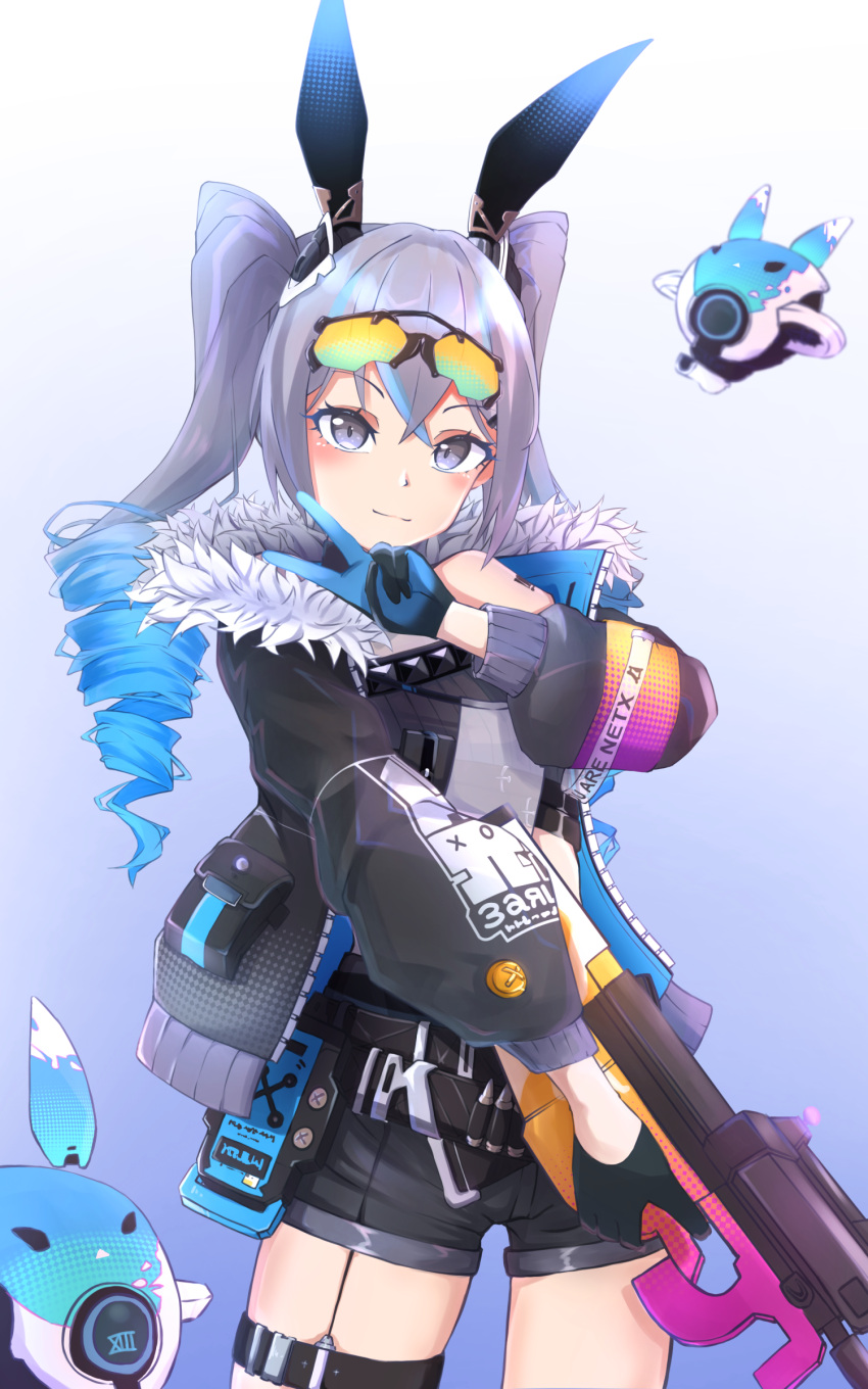 1girl, absurdres, animal_ears, bangs, black_gloves, black_jacket, black_shorts, bronya_zaychik, bronya_zaychik_(haxxor_bunny), bullpup, closed_mouth, drill_hair, drone, eyewear_on_head, fur-trimmed_jacket, fur_trim, gloves, grey_eyes, grey_hair, gun, hair_between_eyes, highres, holding, holding_gun, holding_weapon, honkai_(series), honkai_impact_3rd, jacket, long_hair, long_sleeves, looking_at_viewer, p90, rabbit_ears, shorts, smile, solo, submachine_gun, twin_drills, v, weapon, yang1413