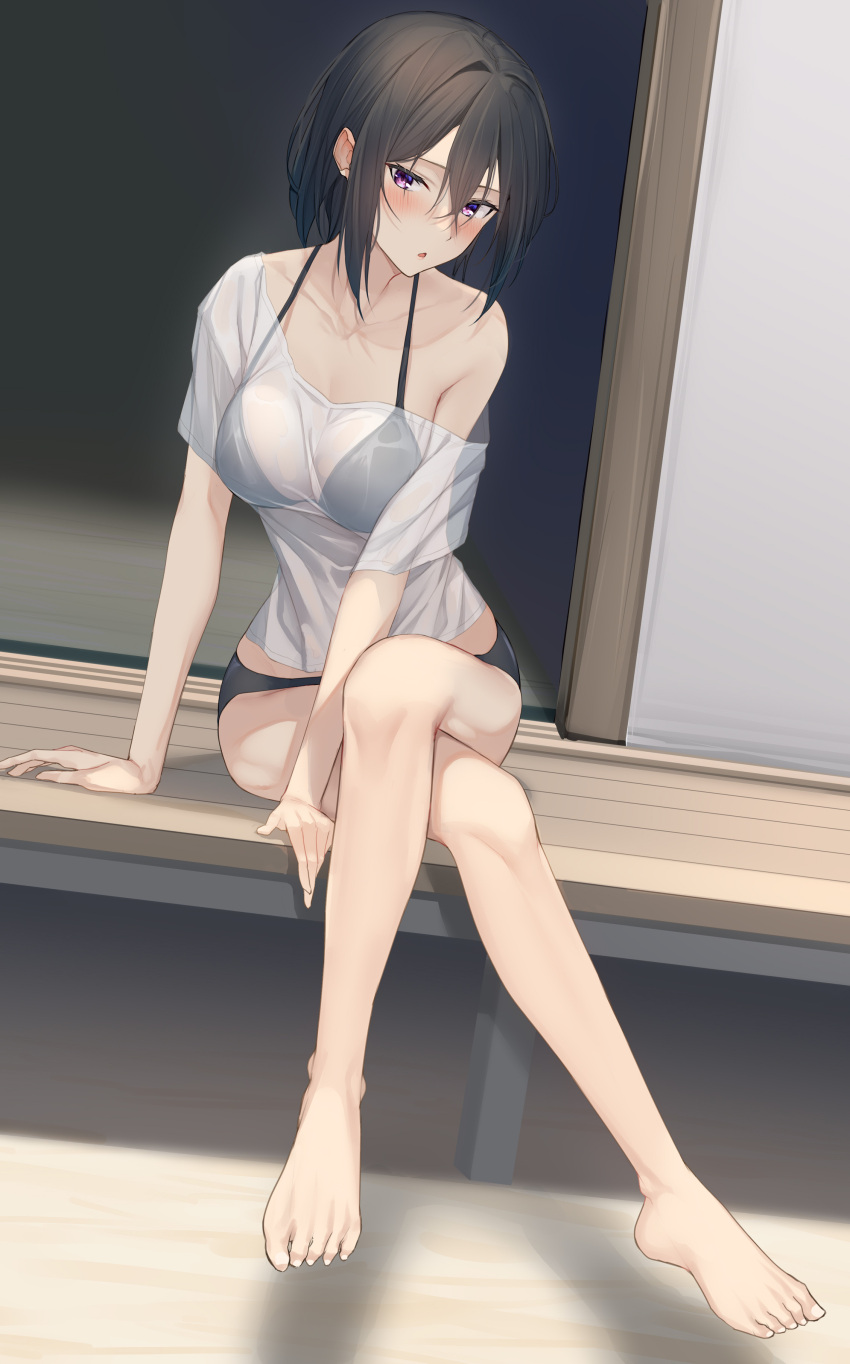 1girl, absurdres, bangs, bare_shoulders, barefoot, bikini, black_bikini, blush