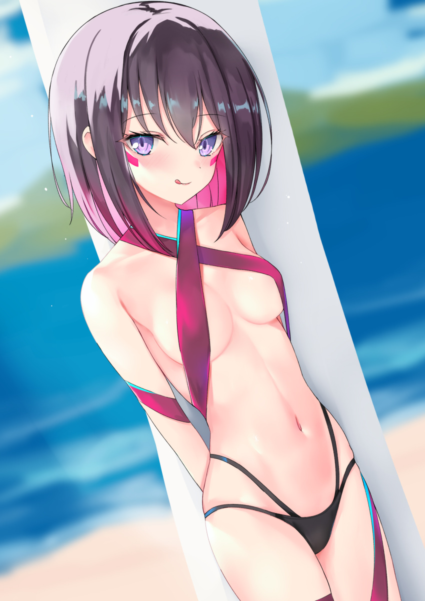 1girl, :q, azki_(hololive), bare_shoulders, beach, bikini, bikini_bottom, black_hair